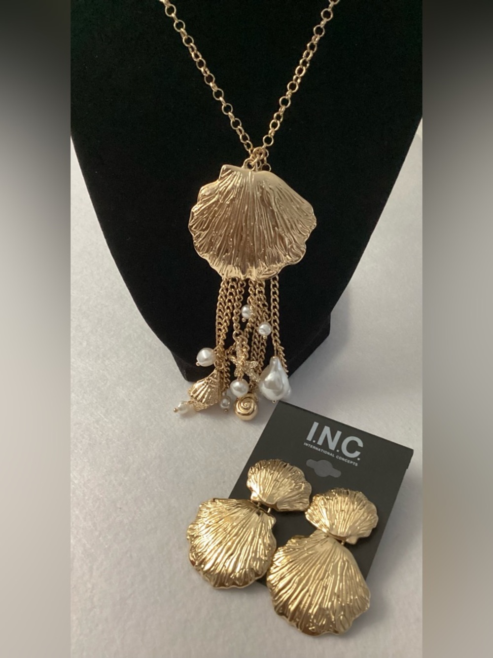 INC International Concepts Gold Shell Pendant Necklace and Earrings Set